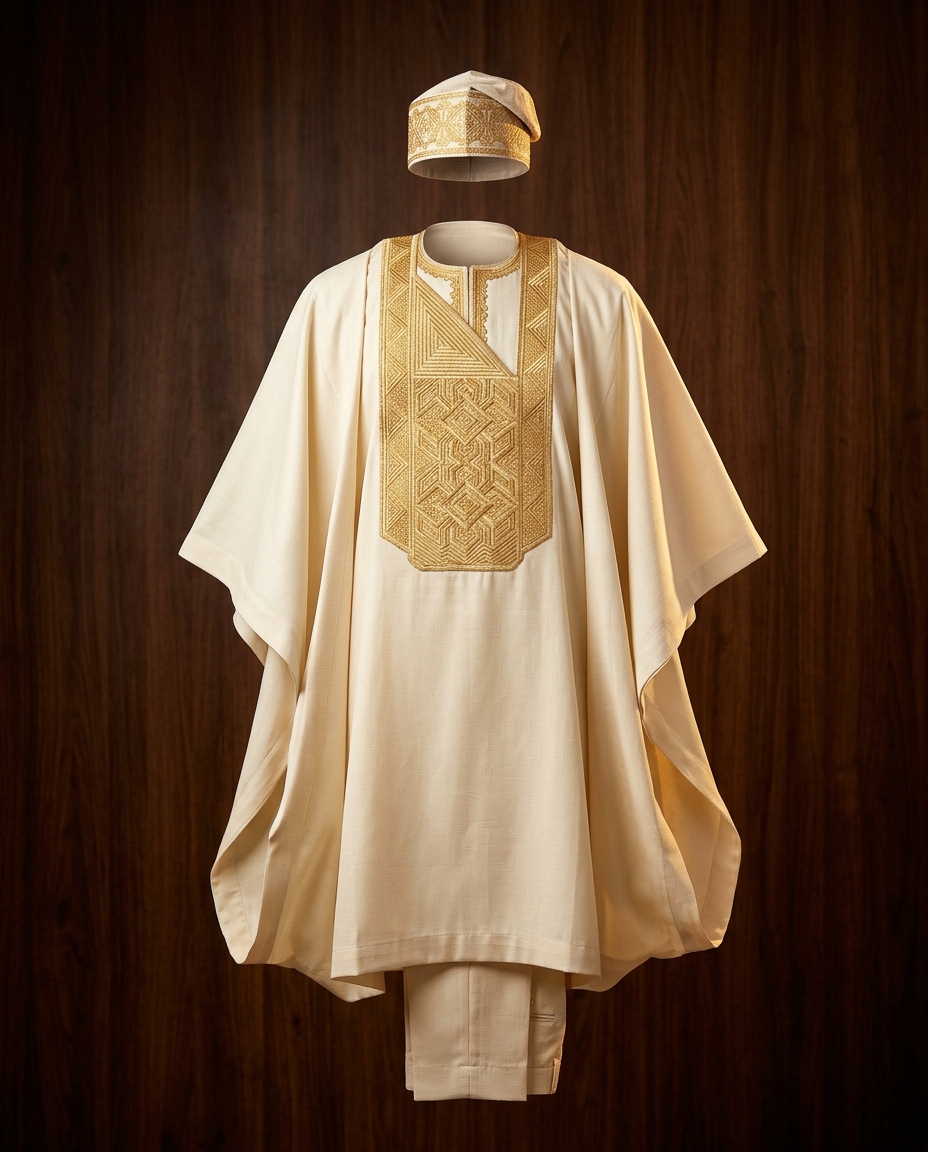 Men's Agbada 3-Piece Set — Embroidered Kaftan + Trousers + Cap