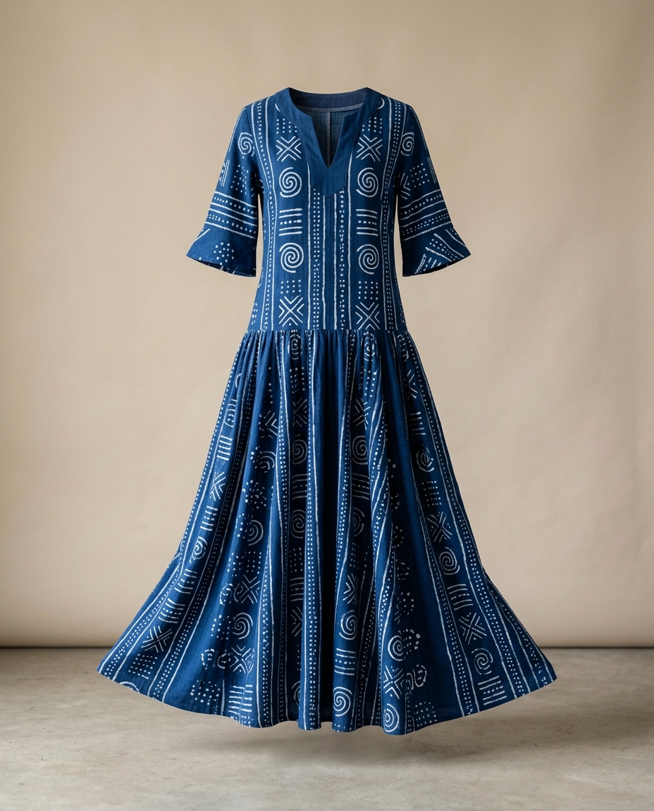 Adire Eleko Indigo Maxi Dress — Modern Yoruba Heritage